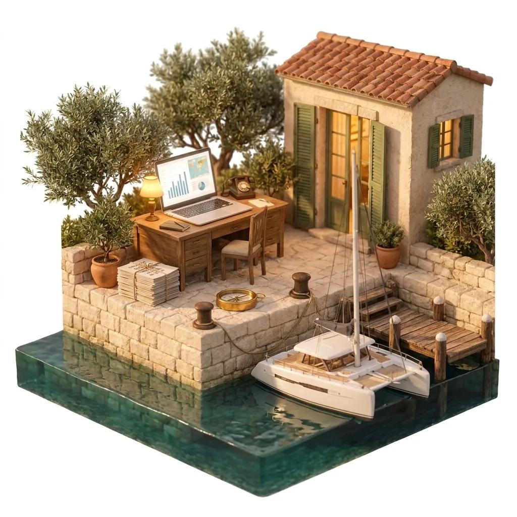 A terrace desk with a laptop, charts, a phone and a compass, a catamaran in the bay