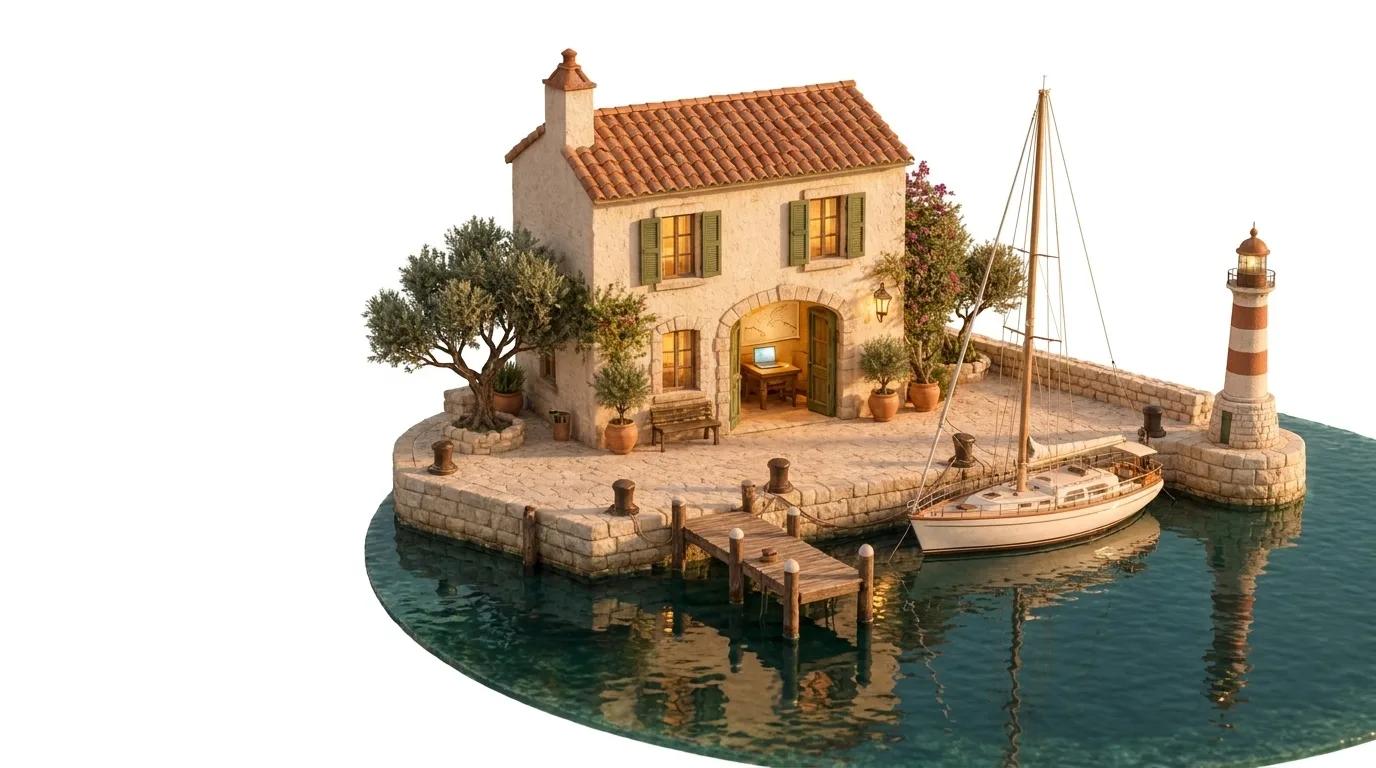 A small harbour office at golden hour, a yacht at the quay and a lighthouse beyond