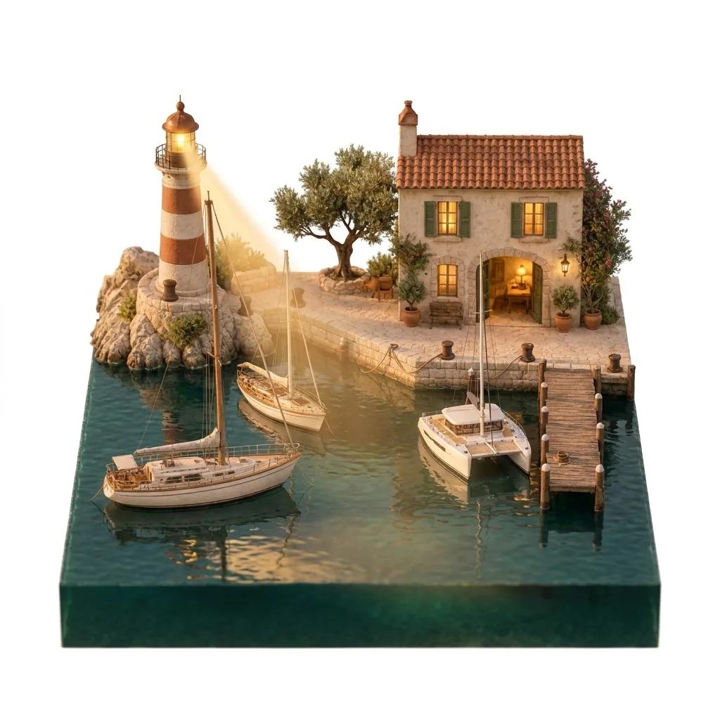 A lighthouse beam reaching three boats at sea