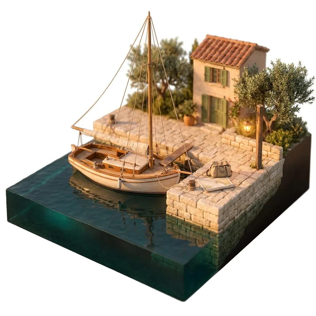 A wooden sailing boat at a stone quay, a bag, a chart and a lantern beside it